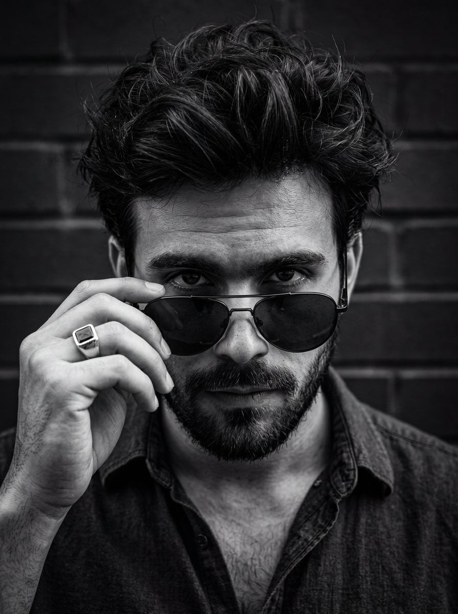 A close-up, high-contrast black and white portrait of a man looking d…