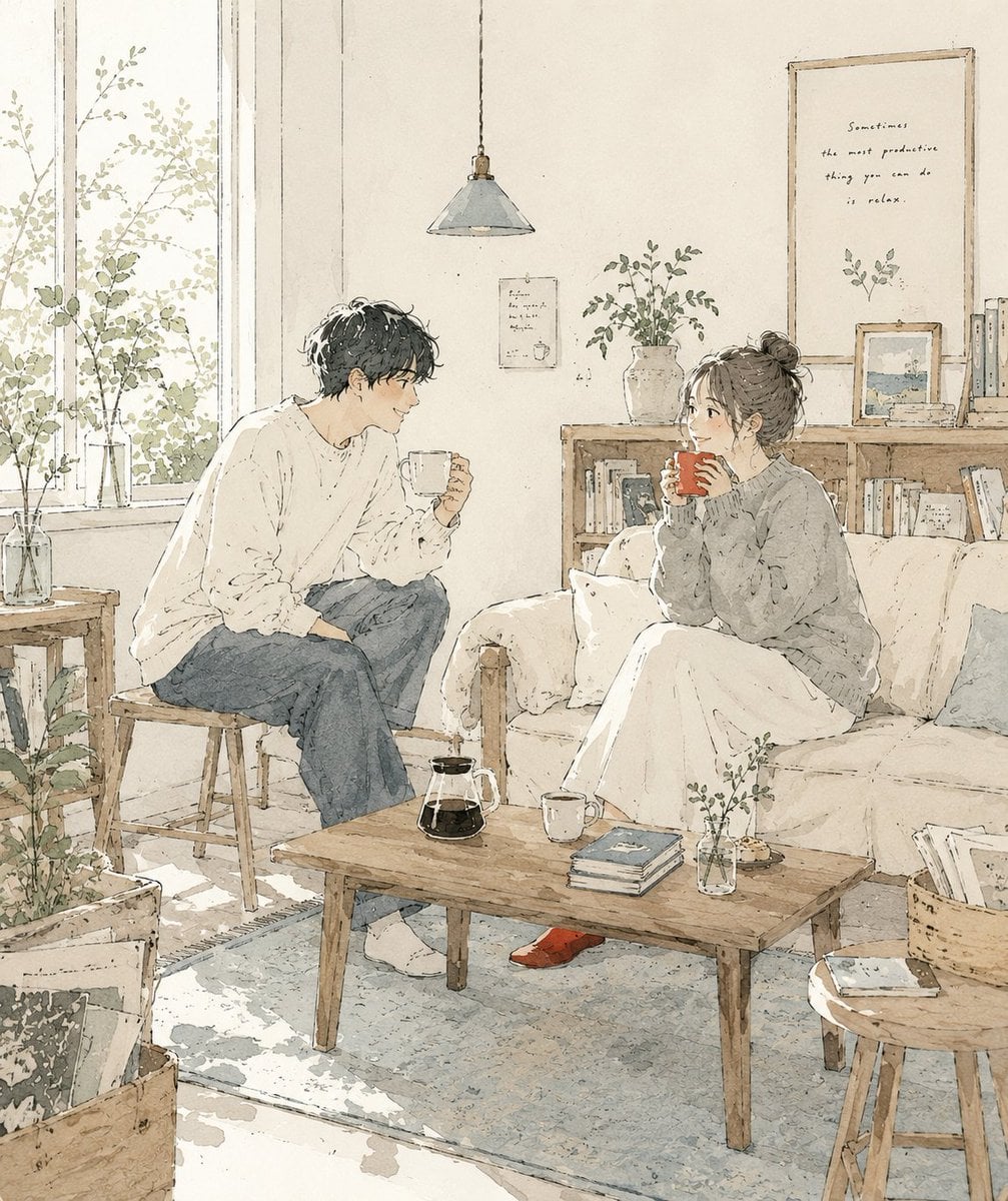 Create a delicate contemporary Japanese lifestyle illustration with a cozy slice-of-life atmosphere. ART STYL…