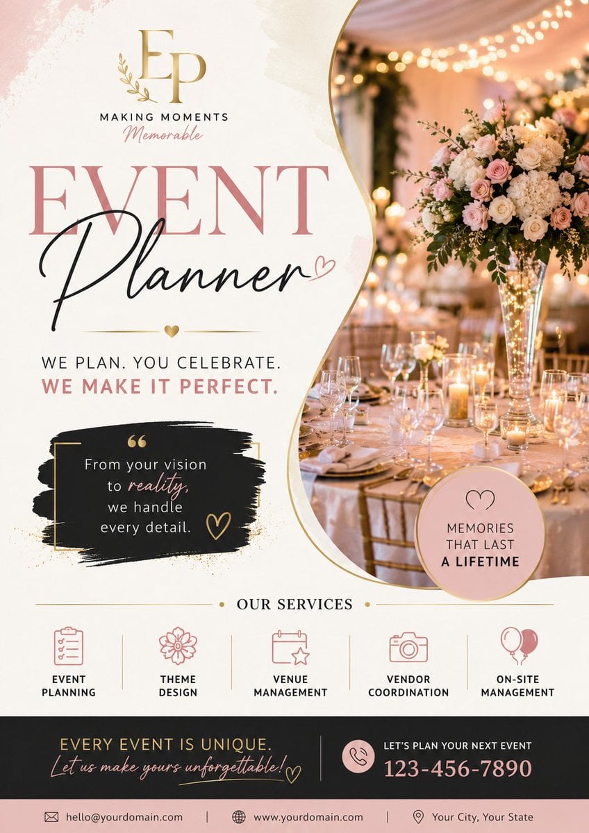 Create a high-resolution, print-ready A4/A3 portrait event planner ad…