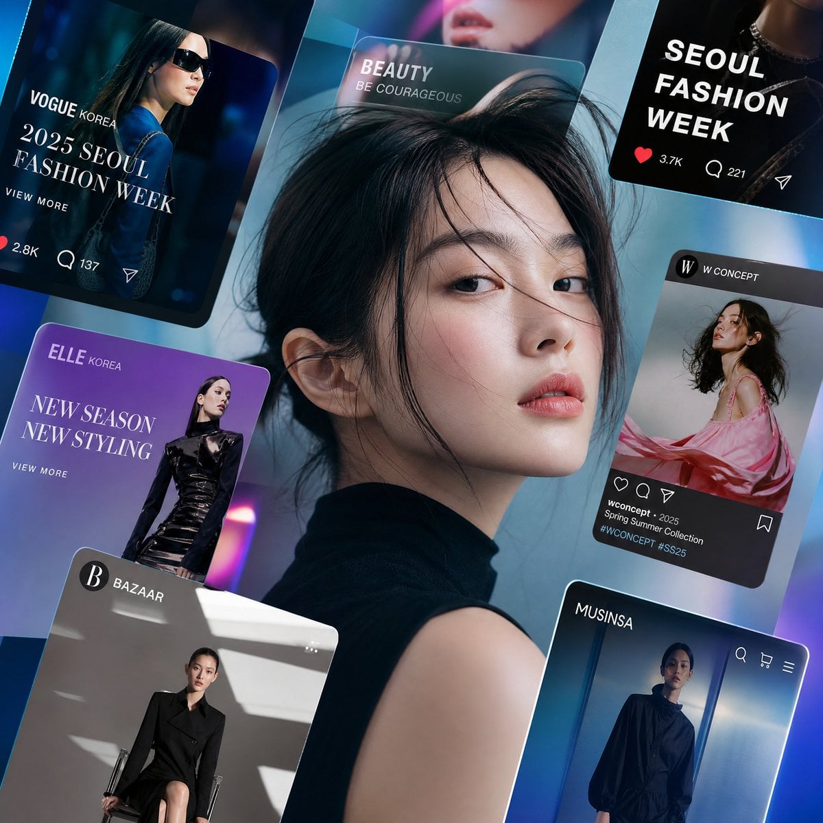Luxury fashion editorial where a giant crystal prism contains multiple refracted views of a Korean female mod…