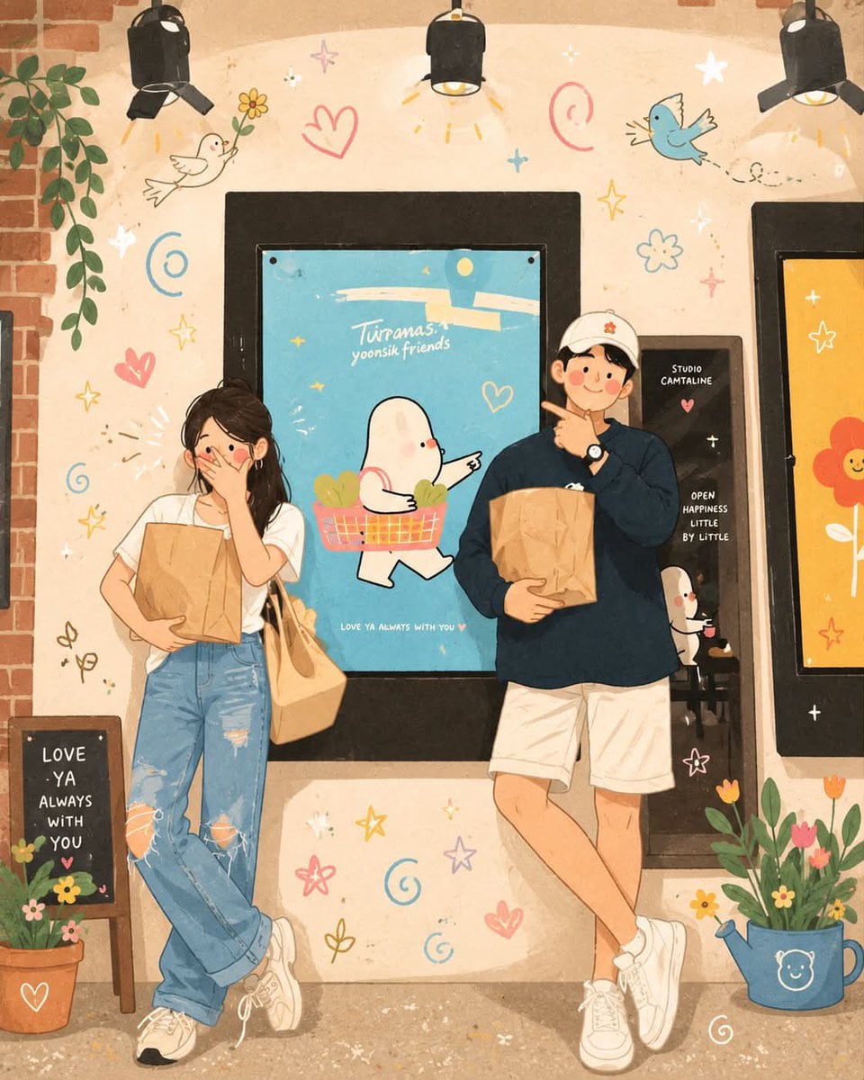 Whimsical Korean-inspired illustration, soft pastel color palette, co…
