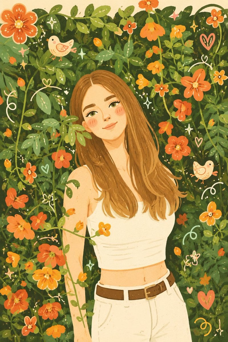 Transform this photo into a whimsical folk flat illustration with doo…