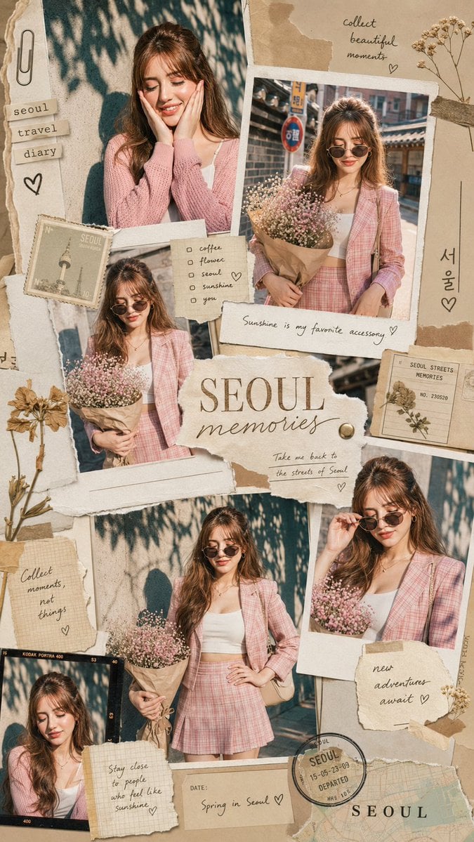 Transform the uploaded photo into a stylish aesthetic travel scrapboo…