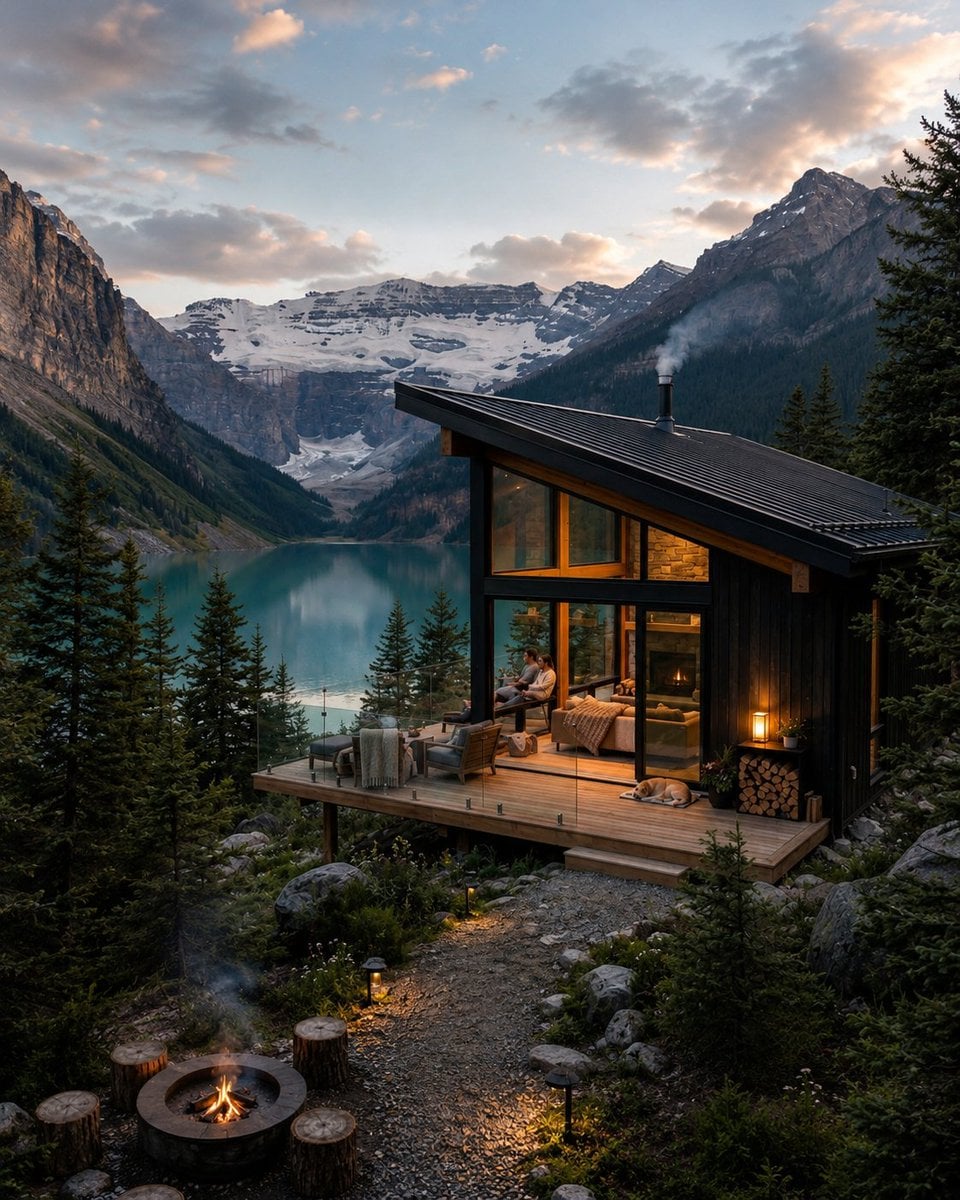 Ultra-realistic luxury mountain cabin overlooking a crystal-clear tur…