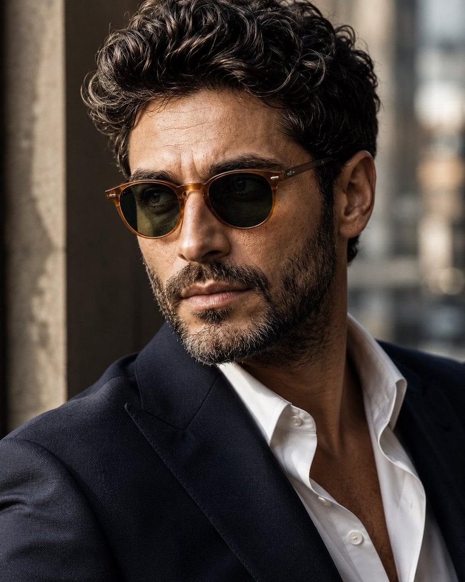 A cinematic close-up portrait of a rugged, sophisticated middle-aged man with thick wavy dark brown hair stre…