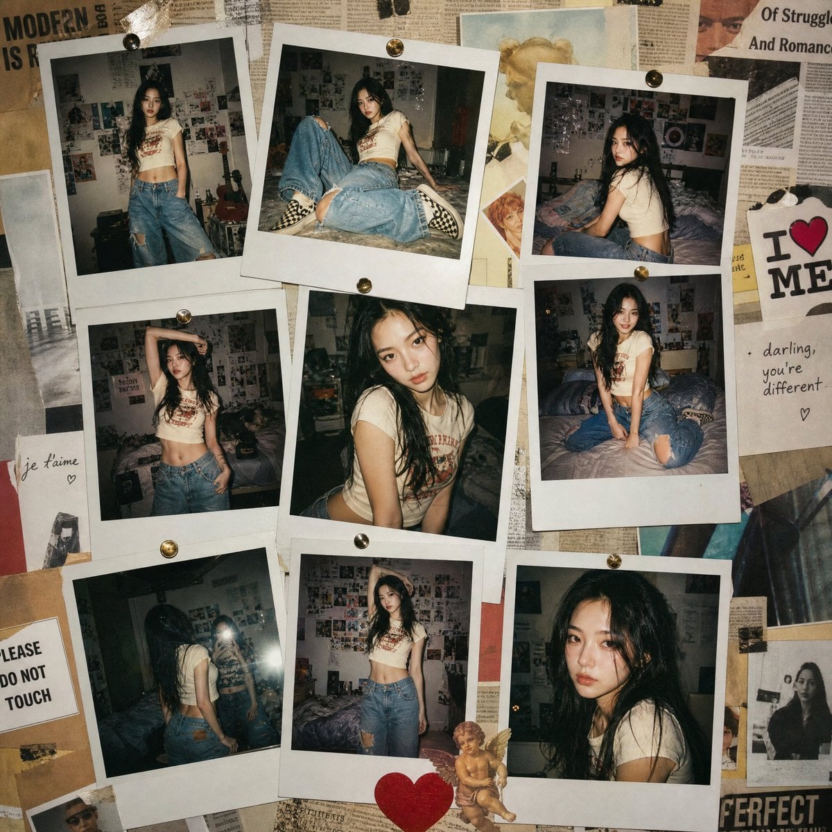 Ultra-realistic Y2K fashion editorial composed entirely of overlappin…