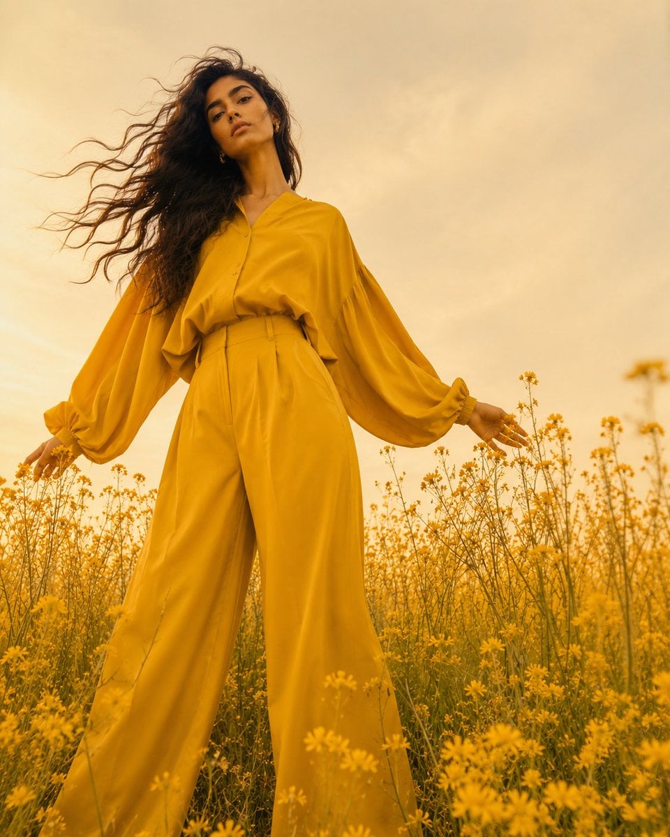 Full-body fashion editorial shot, woman in monochromatic mustard-yell…