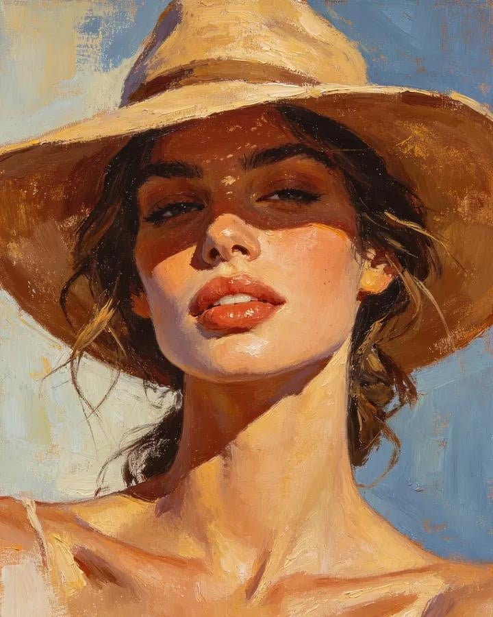 Masterpiece oil painting portrait of a beautiful young woman wearing a wide-brim tan hat, dark wavy hair loos…