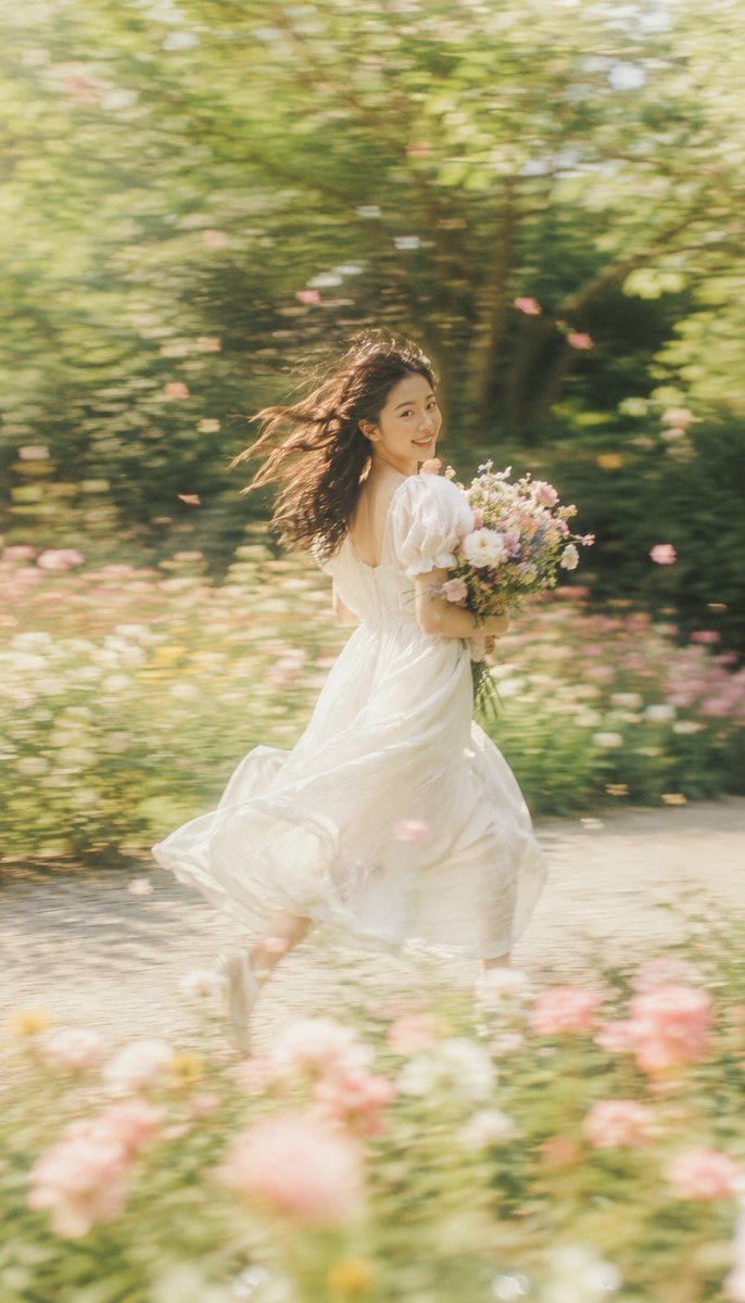 Create a 9:16 vertical dreamy slow-shutter garden portrait photograph…