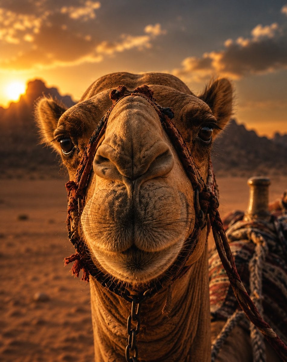 Create an ultra-realistic cinematic portrait of a majestic Arabian ca…
