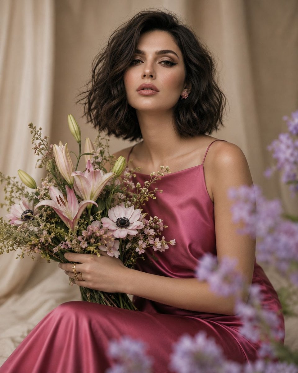 An elegant fashion editorial portrait of a young woman with a tousled…