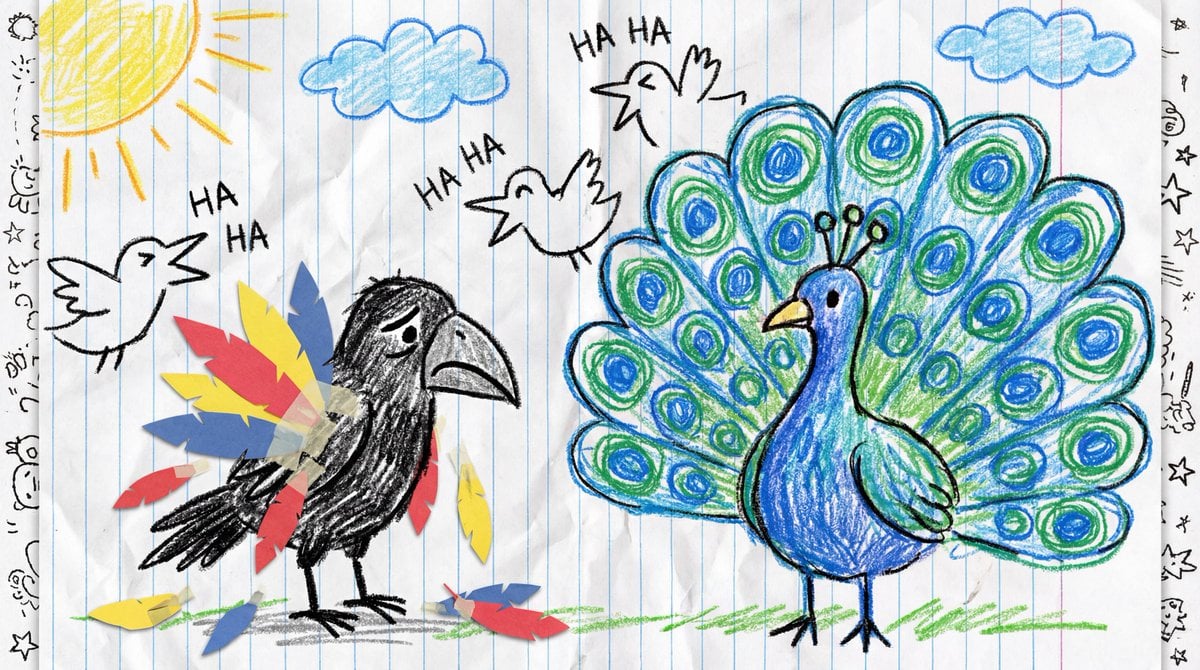 A child's crayon drawing on white lined notebook paper. [Describe You…