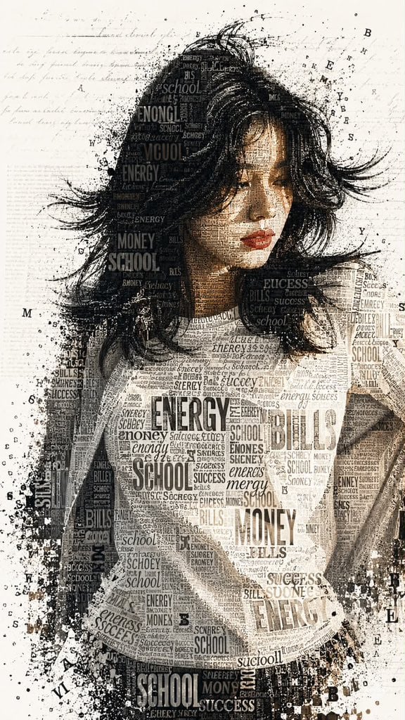A striking typographic portrait of a young woman with a thoughtful, three-quarters gaze, completely rendered…