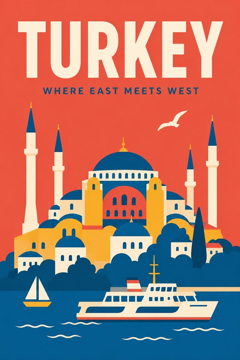 A flat minimalist travel poster for the city of [City Name], featuring a stylized illustration of [Main Subje…