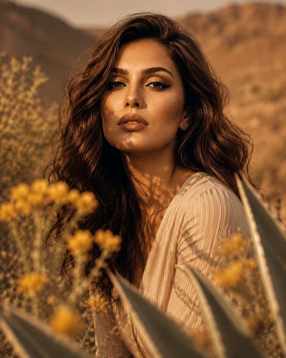 A luxury beauty editorial close-up of a confident young woman with sh…