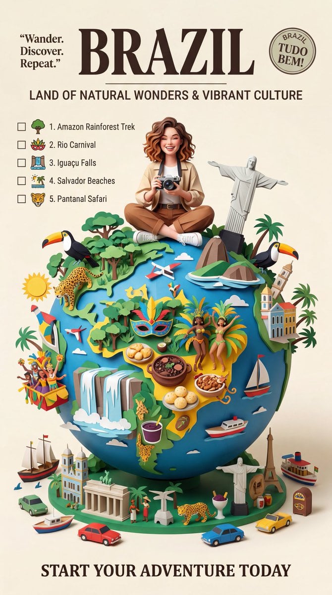 Design a premium vintage-inspired travel poster on a clean cream background featuring a highly detailed 3D pa…