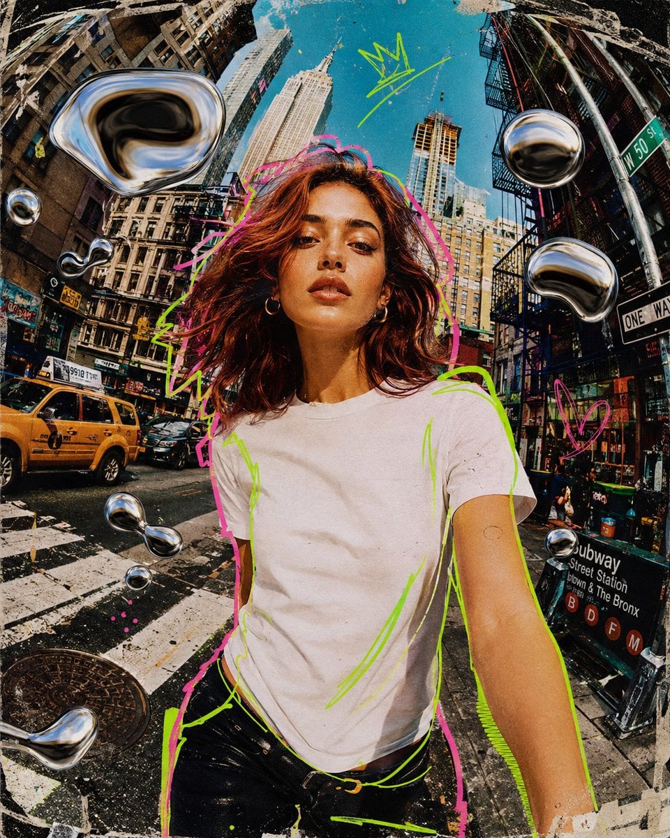 Mixed media collage animation style, a stylish young woman walking co…