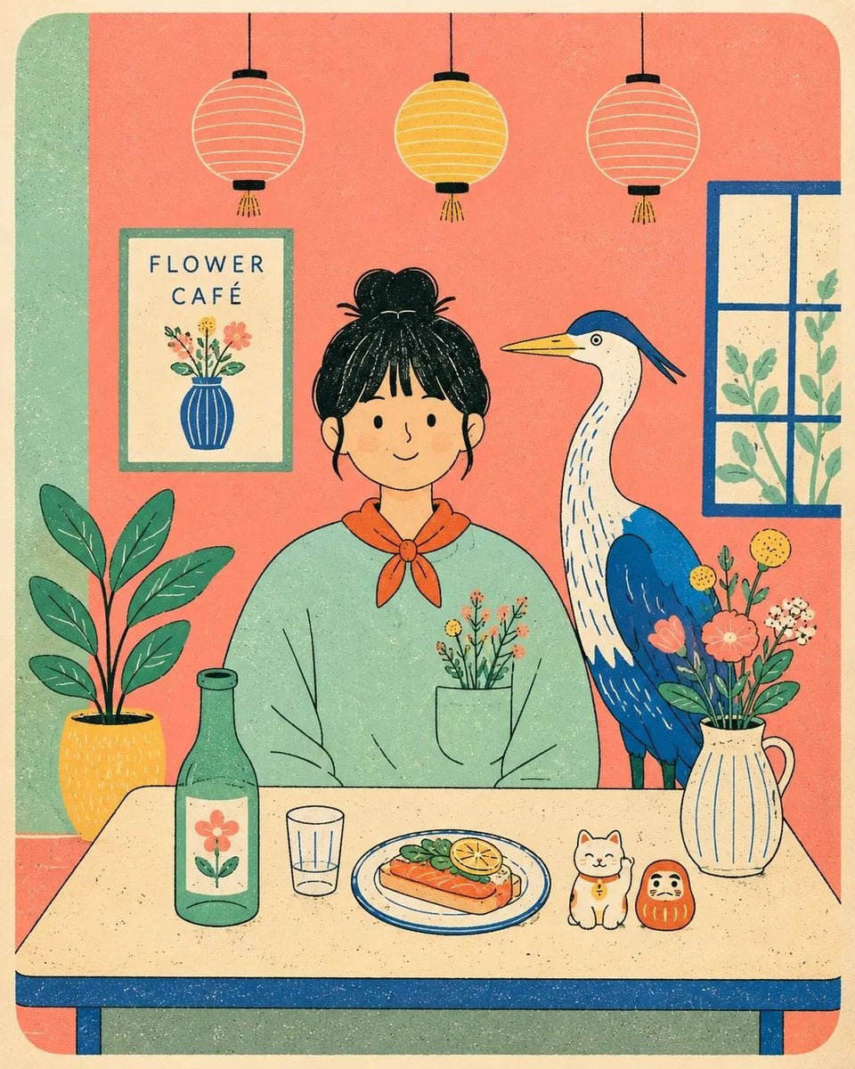 Flat modern risograph-style poster illustration of [Human], wearing [Clothing], sitting front-facing behind a…