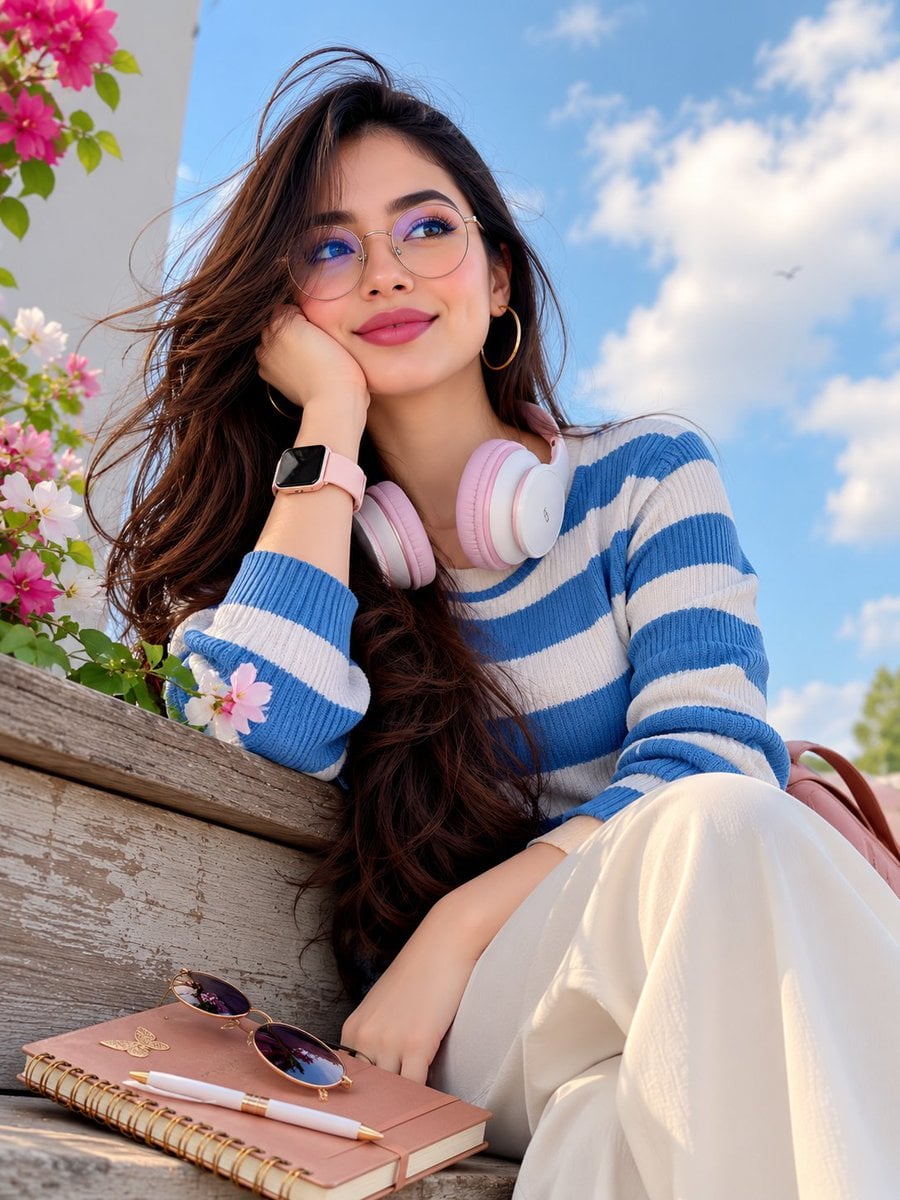 Photorealistic vertical portrait of a young woman outdoors against a…