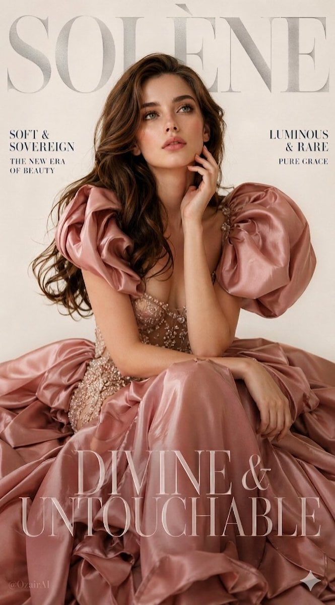 Luxury fashion magazine cover. Bold silver serif brand name "SOLÈNE"…