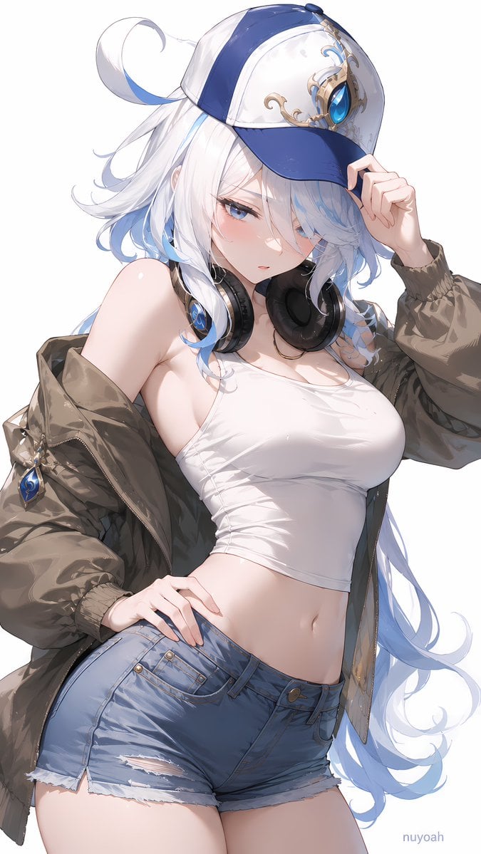 观察图片，进行二创，角色替换成[角色名]。 上半身曲线明显，腰线收窄，肩颈与手臂线条柔和，站姿形成轻微S形轮廓；短裤处下身轮廓紧凑，整体偏…