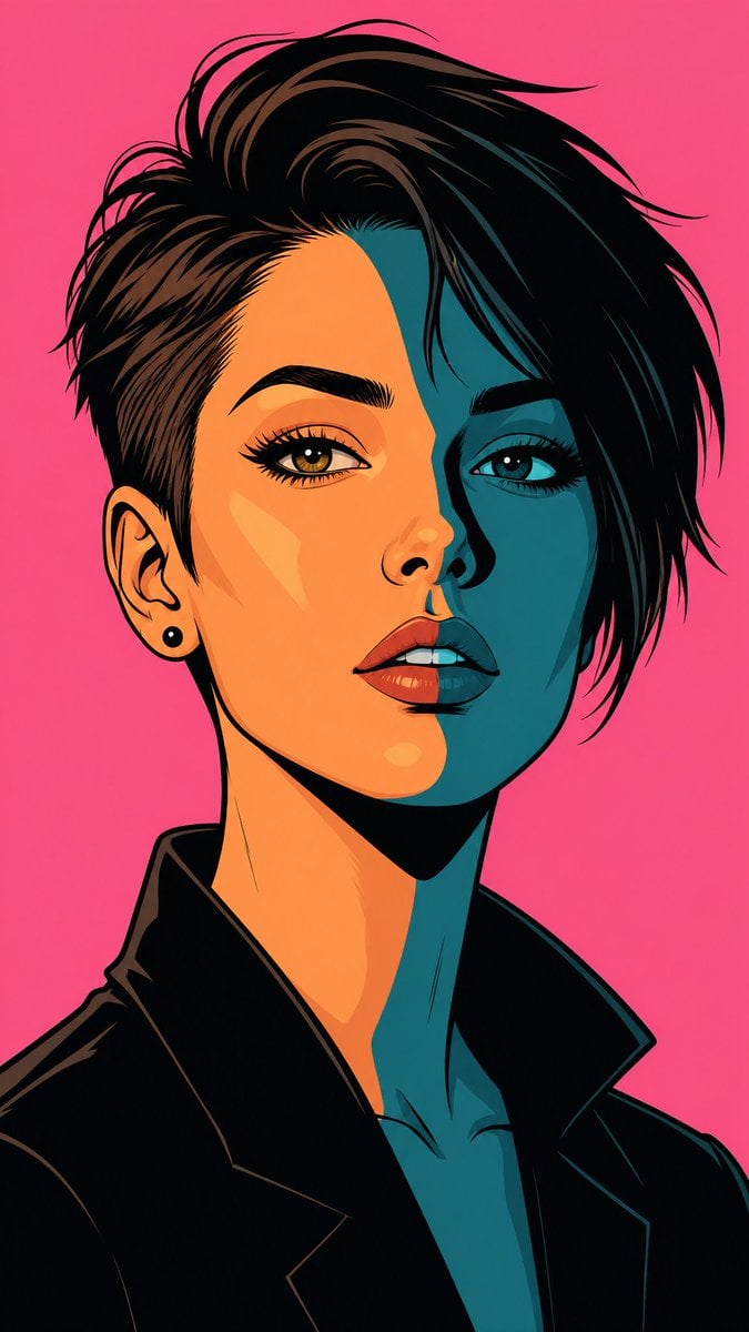 Create a high-quality vector pop art illustration of a beautiful youn…