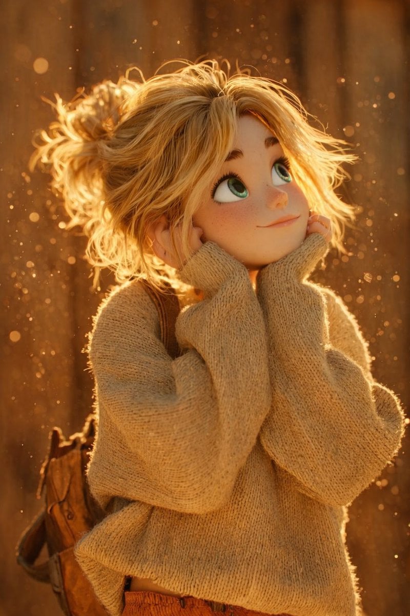 Warm golden hour sunlight fills the scene, glowing dust particles dri…