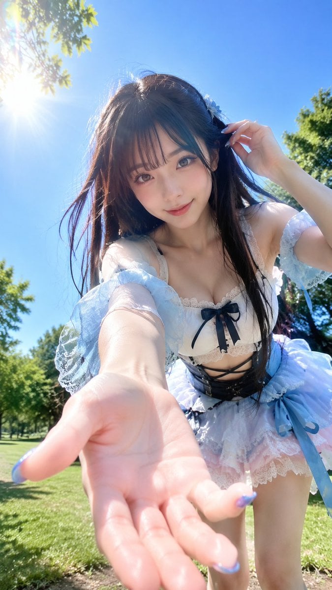 Vertical 9:16 photorealistic outdoor summer portrait. An adult young…