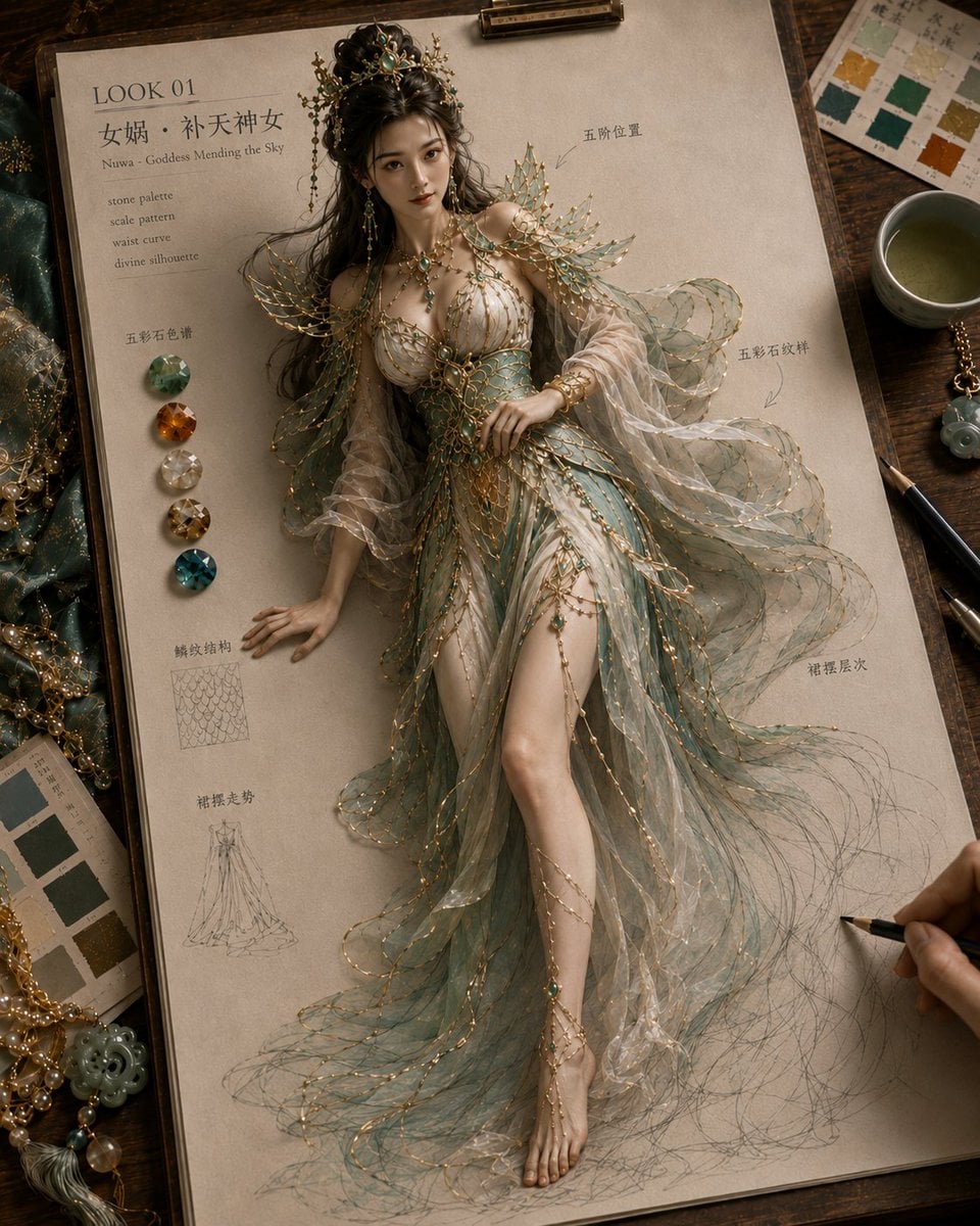 生成一张《纸上成真 · 神话绮装》风格图片，4:5 竖版。 画面是高级东方神话高定服饰设定稿：米白色手稿纸夹在木质画板上，放在温暖木色设计…