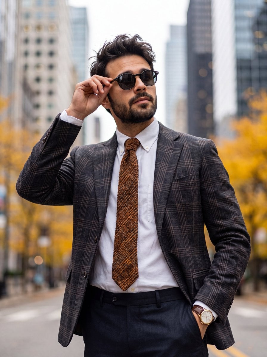 A medium shot of a stylish man with messy dark hair and well-groomed…