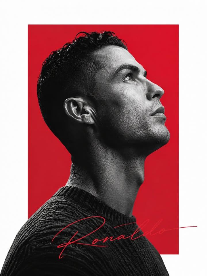 Minimalist editorial poster design with a portrait of Ronaldo, depict…