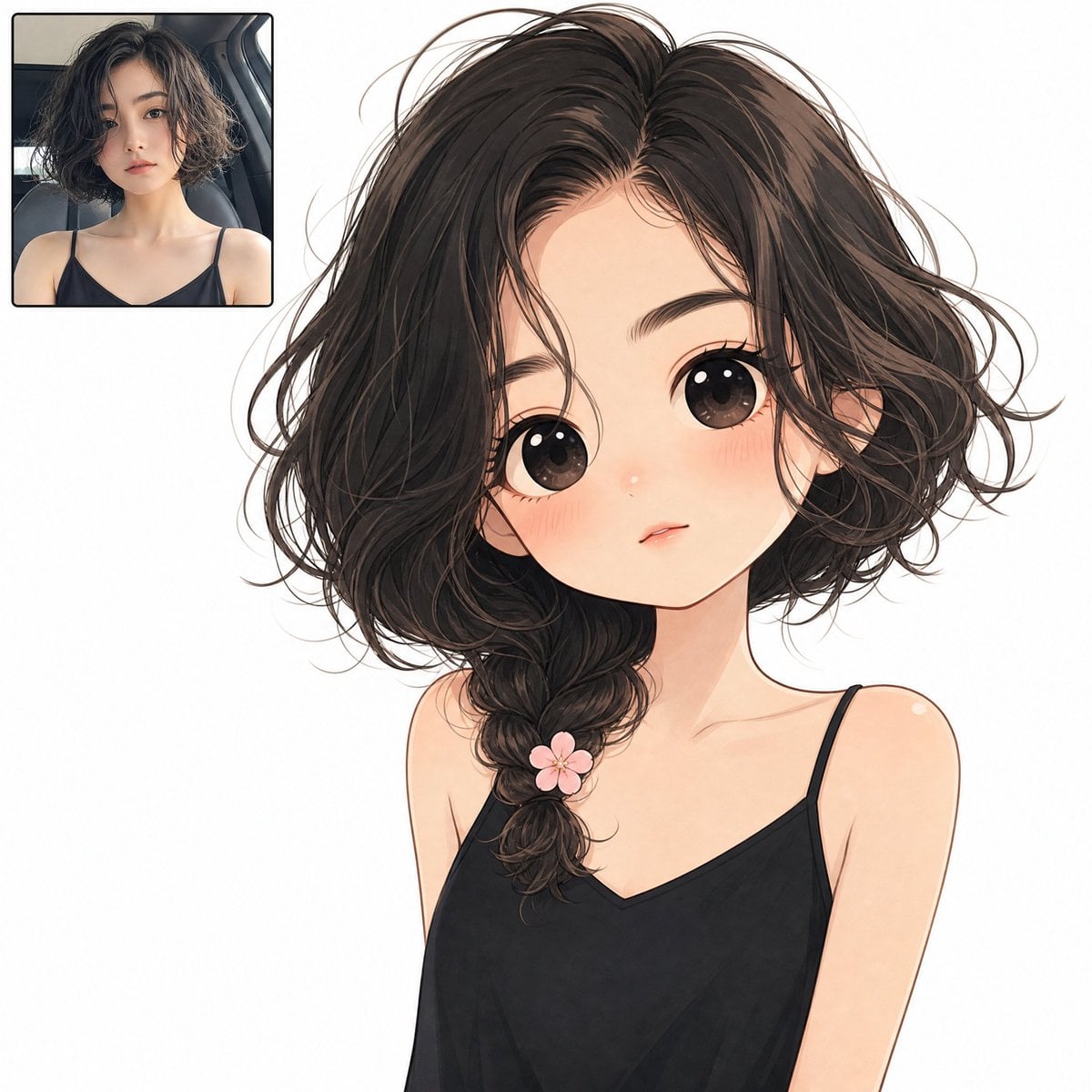 A full-bleed digital illustration of a cute minimalist chibi anime character with big dark eyes, blushing che…
