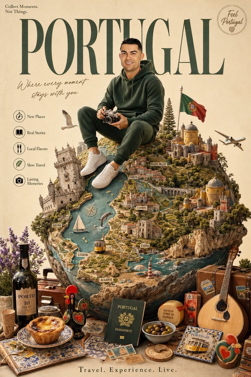 Create a premium luxury travel poster for [Portugal]. A smiling young…