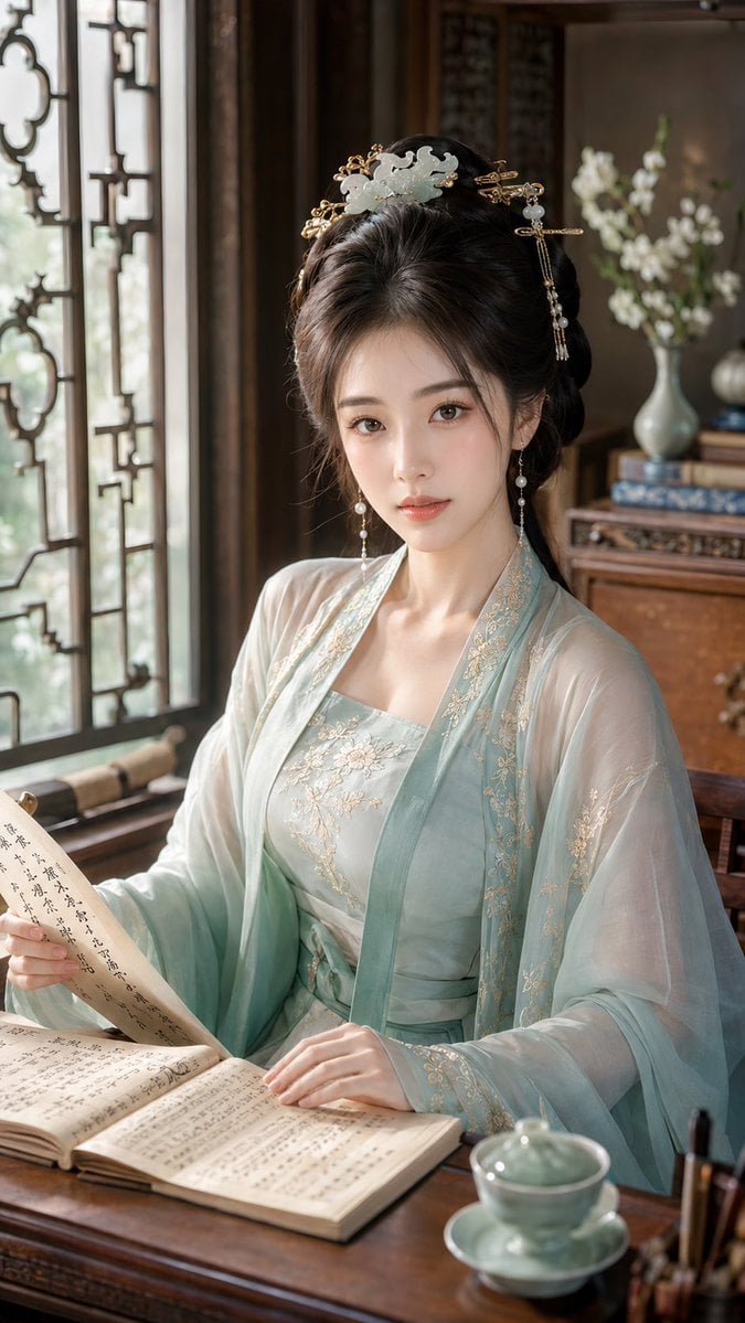 9:16 竖版，古风贵女明艳水光美妆特写，东方水光显妆贵女人像，半身近景构图，人物轻侧身回眸，从背部与肩部轻微转身看向镜头，回眸感明显。画…
