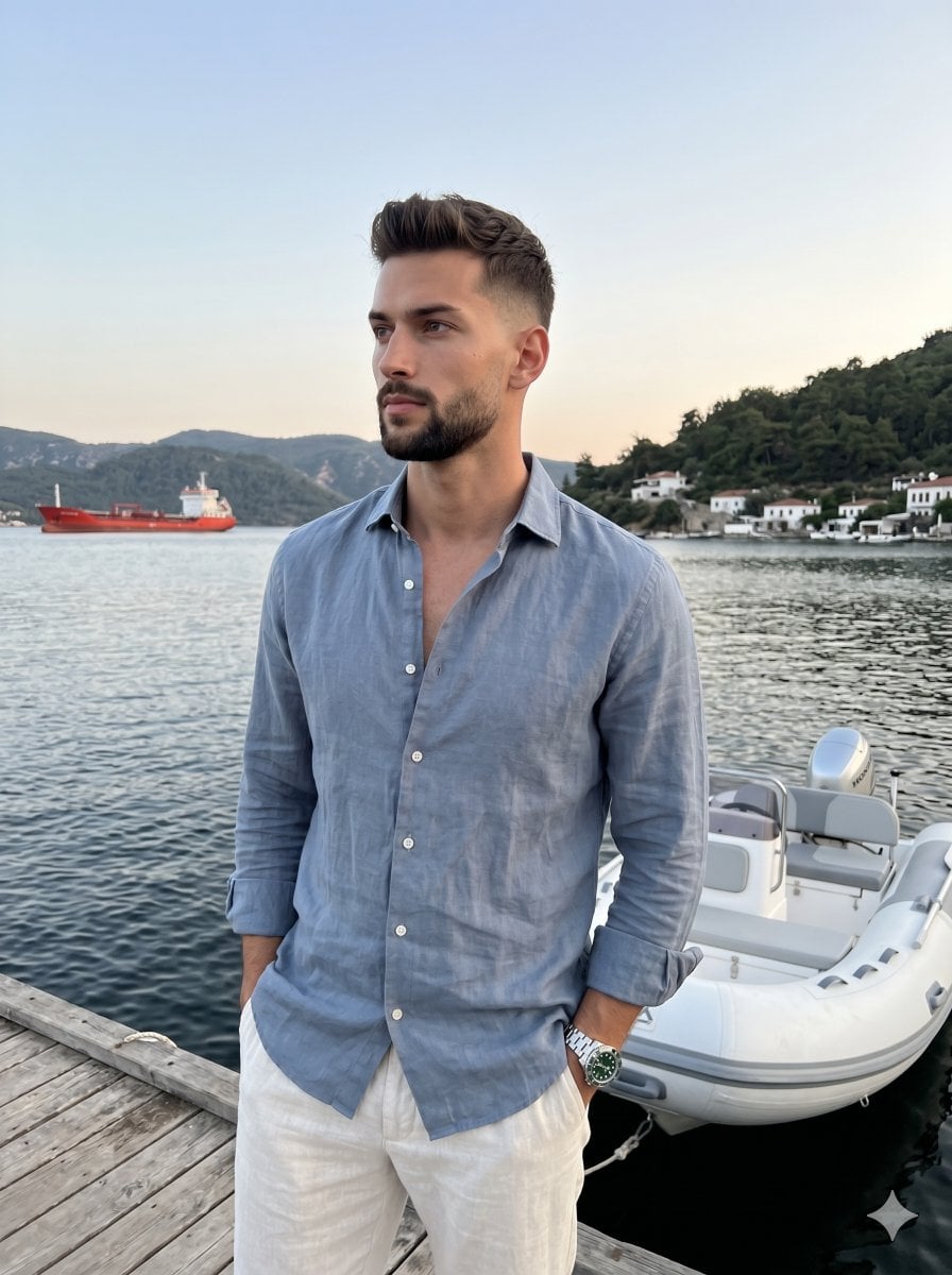 A serene, realistic lifestyle portrait captures a man in his late twe…
