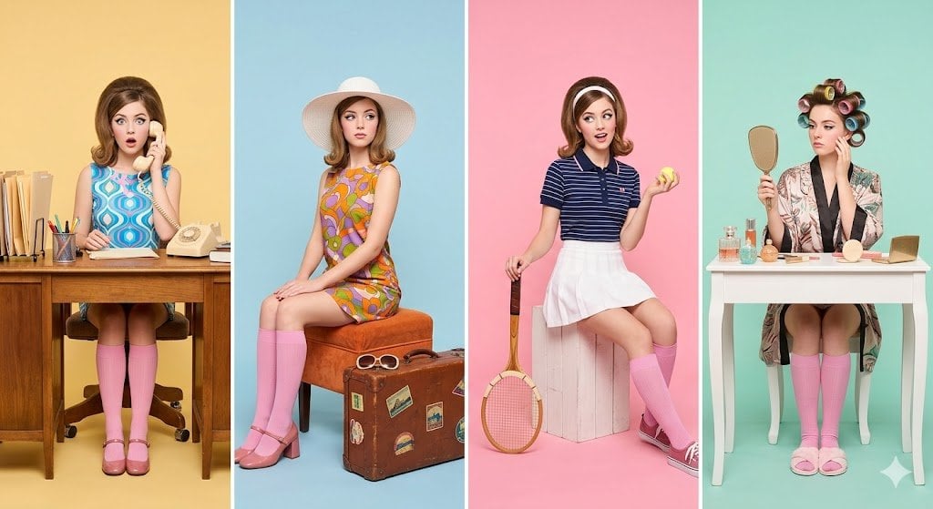 Retro studio photography featuring the same woman in four distinct ch…