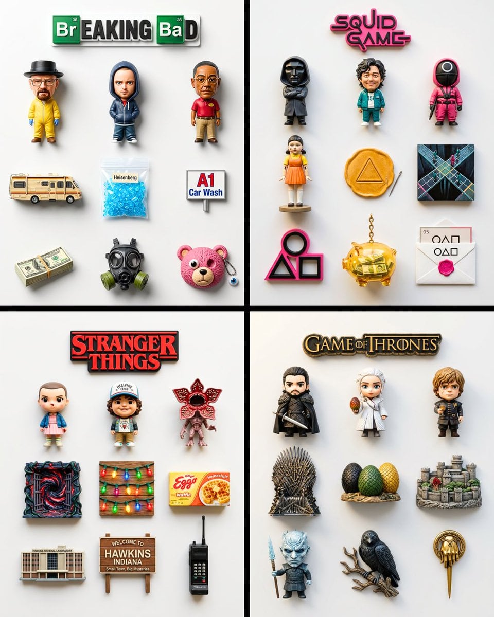 A flat-lay of exactly 9 hyper-realistic 3D resin fridge magnets on a…