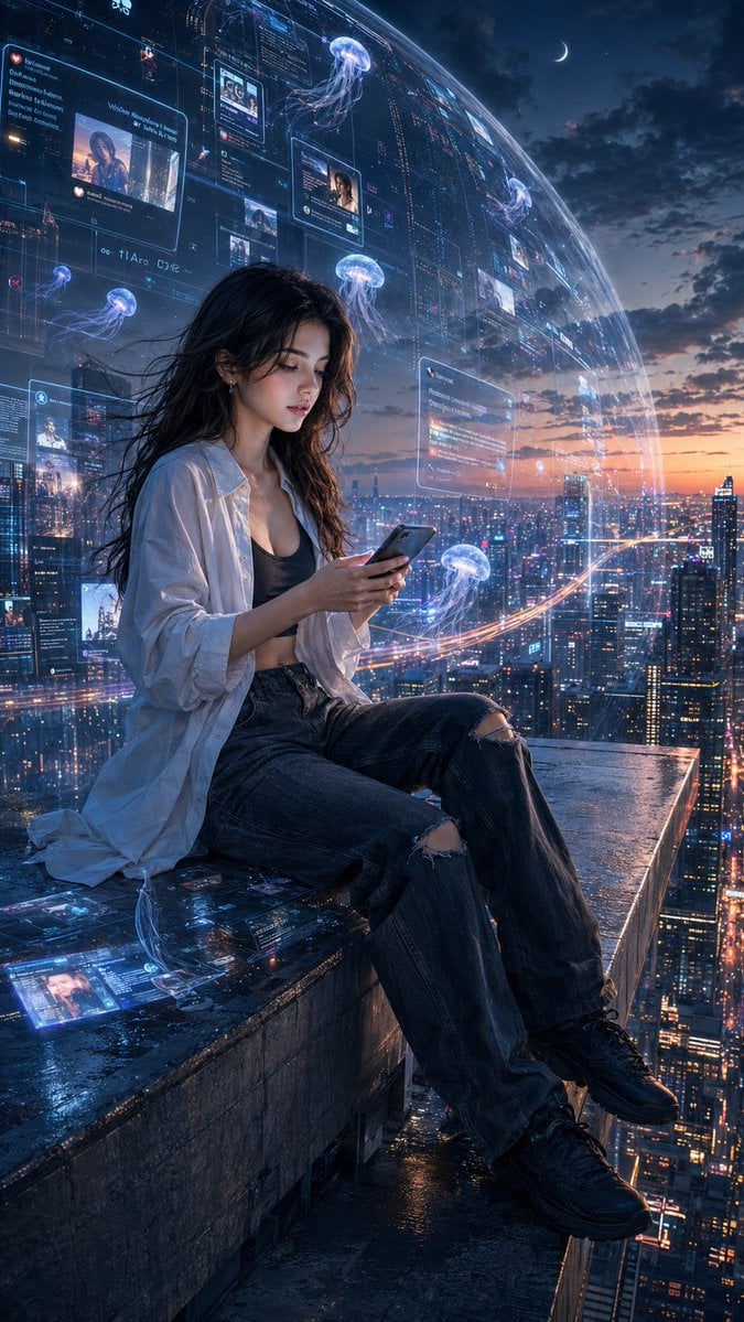 Ultra-realistic IMAX-level Netflix-style cinematic futuristic rooftop portrait, 9:16 vertical composition, us…