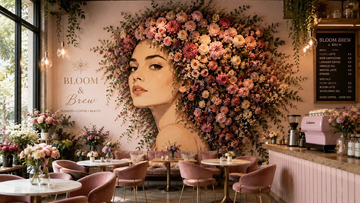 A beautifully designed [Theme] café featuring a monumental wall mural…