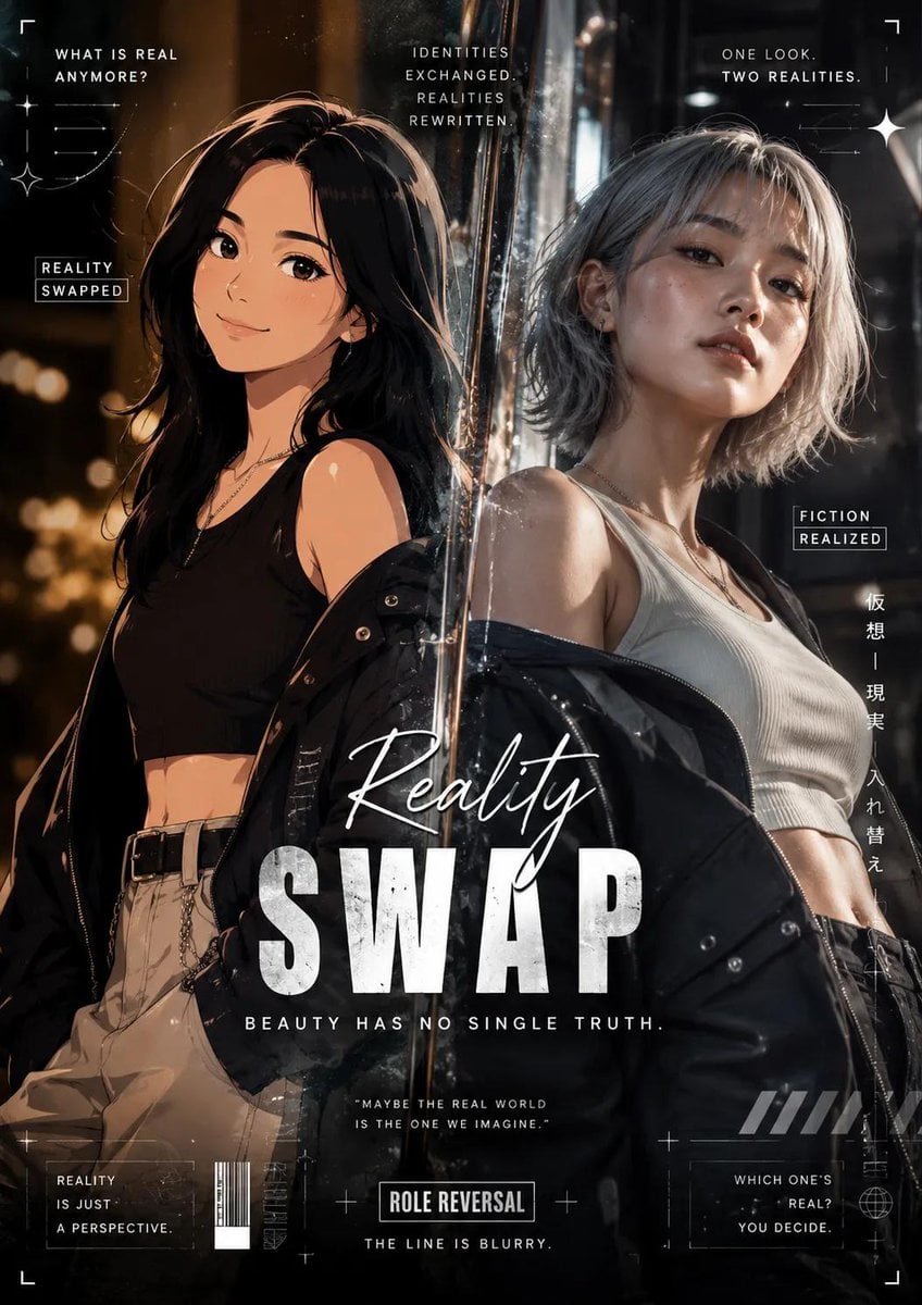 Generate a high-end editorial poster in a Role Reversal (Reality Swap) concept, where the identities of reali…