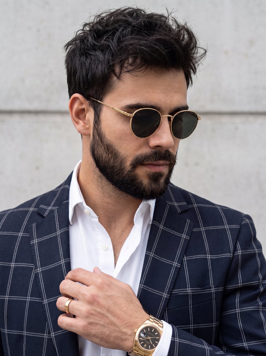 A close-up portrait of a stylish man with a well-groomed beard and dark messy hair, looking downwards and to…