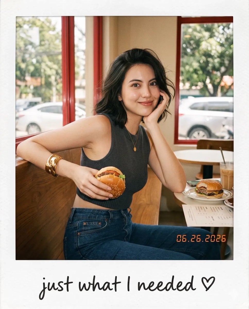 create image 4:5 Aesthetic candid café snapshot presented as a realistic vintage Polaroid instant photo, feat…