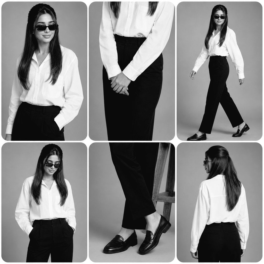 Create a premium black-and-white fashion editorial collage in a minim…
