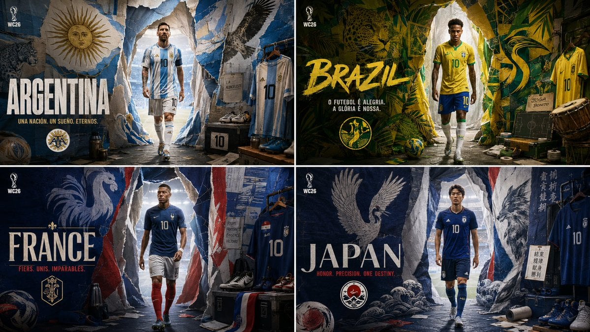 2x2 grid, do this for 4 iconic countries qualified for wc 2026, 16:9…
