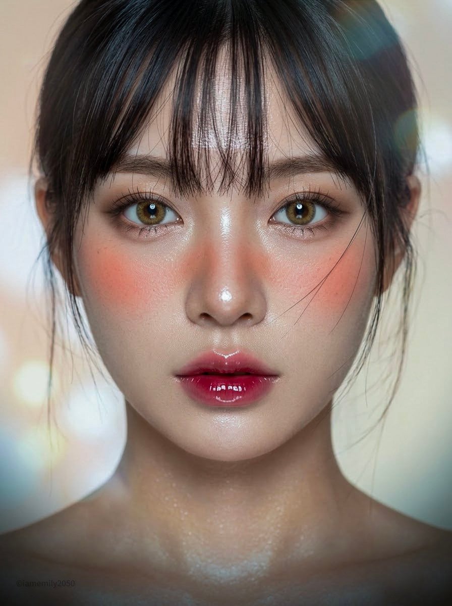 Beauty close up editorial, vertical, head and shoulders, lit by a lar…
