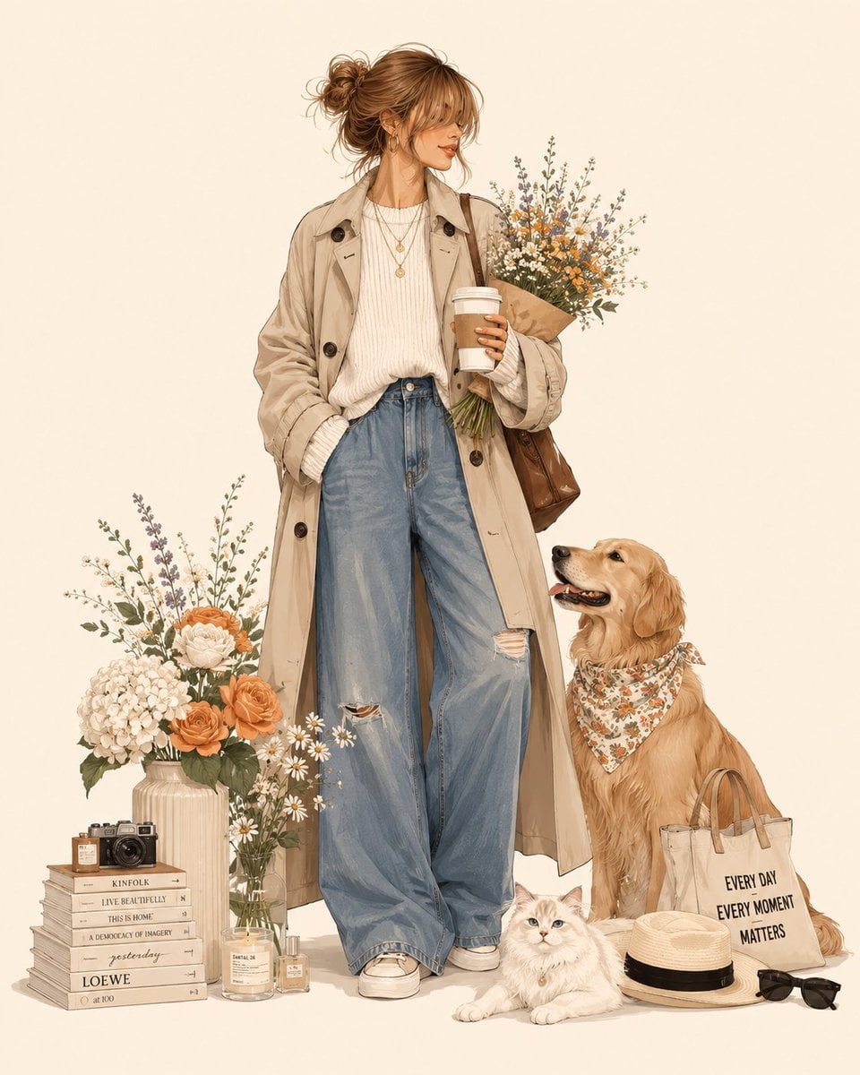 Create a luxury fashion illustration featuring [Person]. Style: Moder…