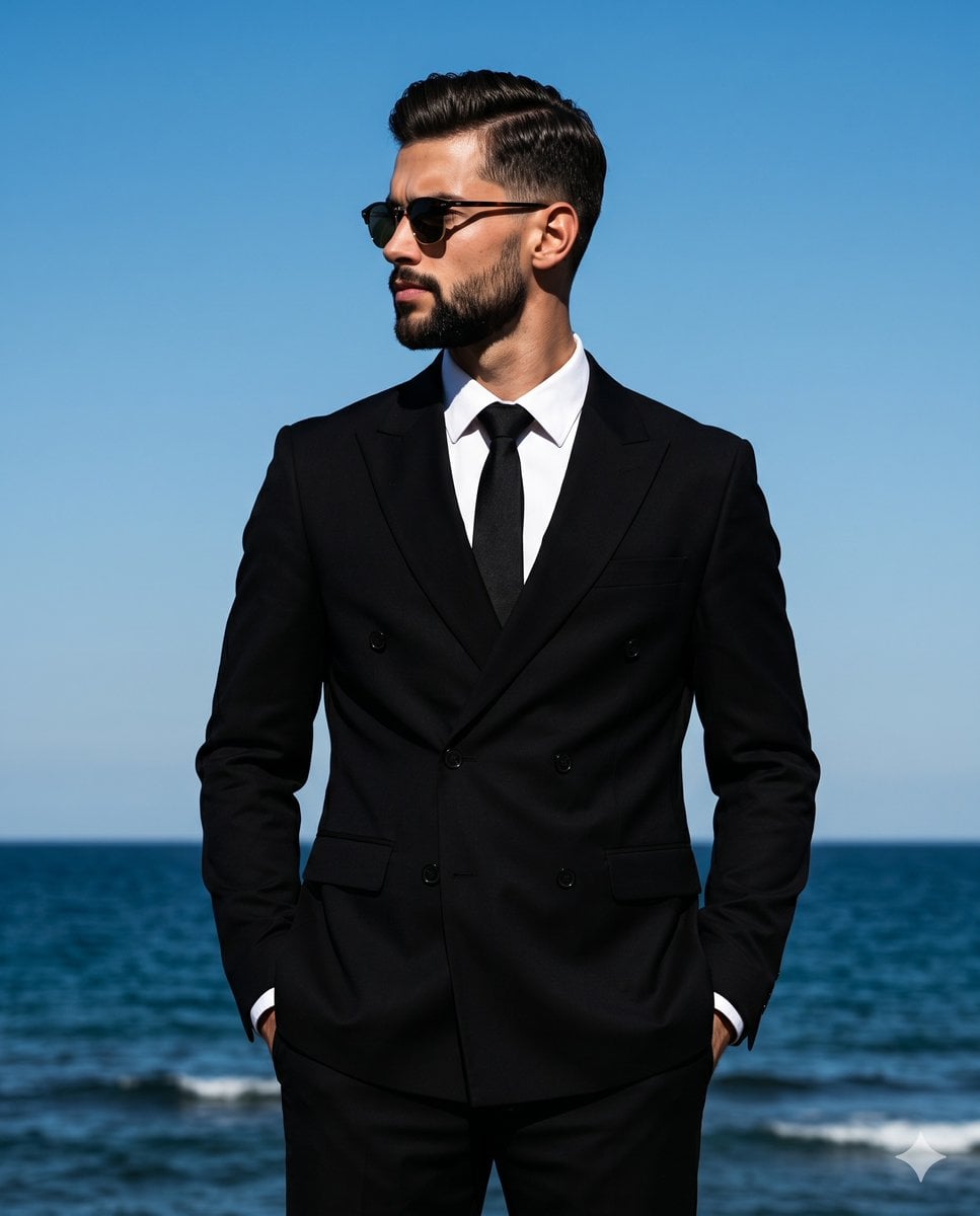 A handsome man stands perfectly centered in a medium-scale shot, exuding a sophisticated menswear aesthetic i…