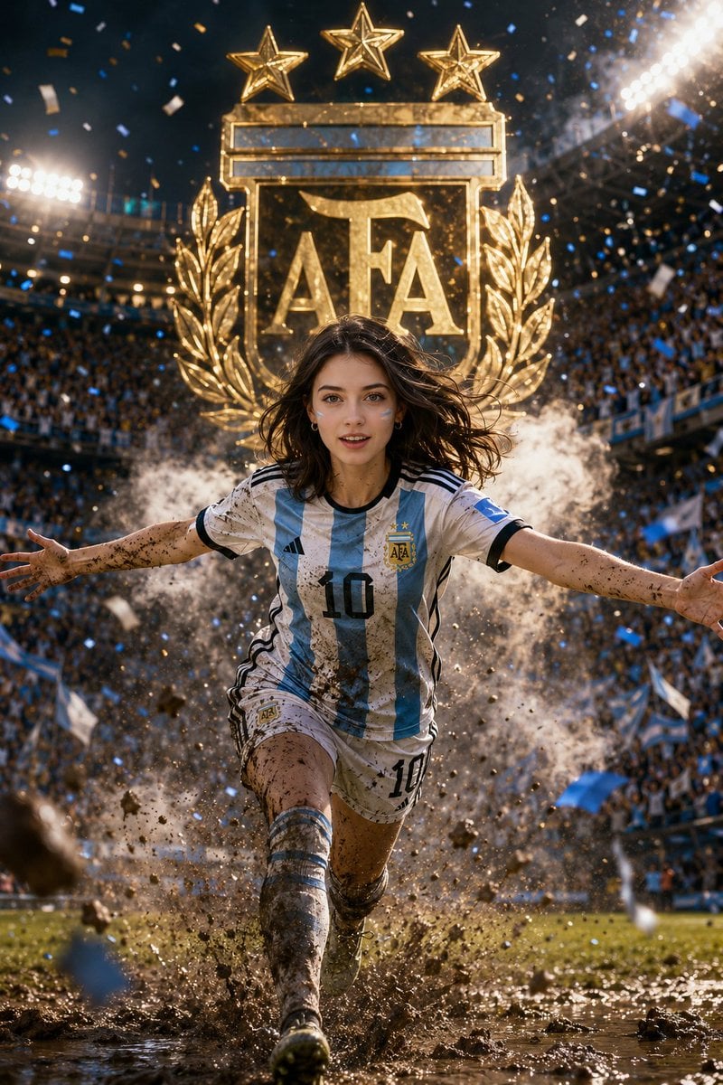 Epic Argentina football poster of a young female supporter sprinting…