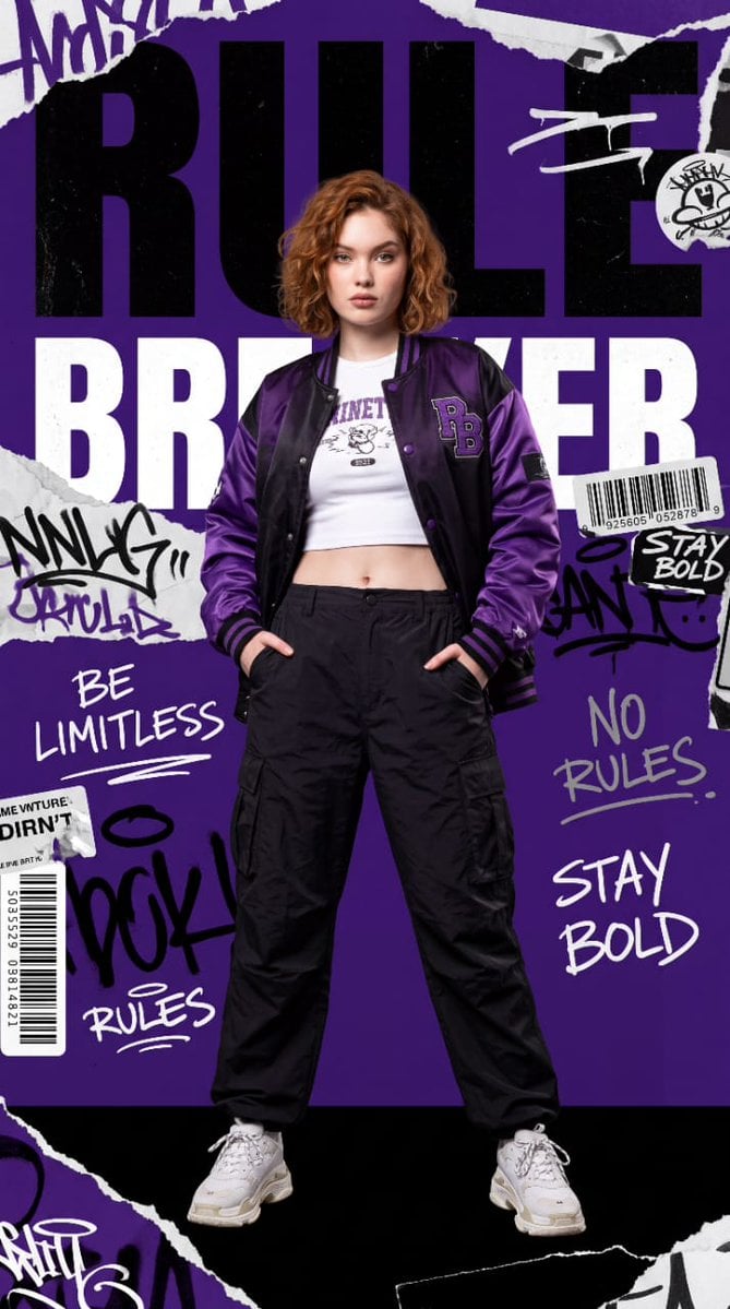 Create a high-fashion streetwear editorial poster featuring a stylish…