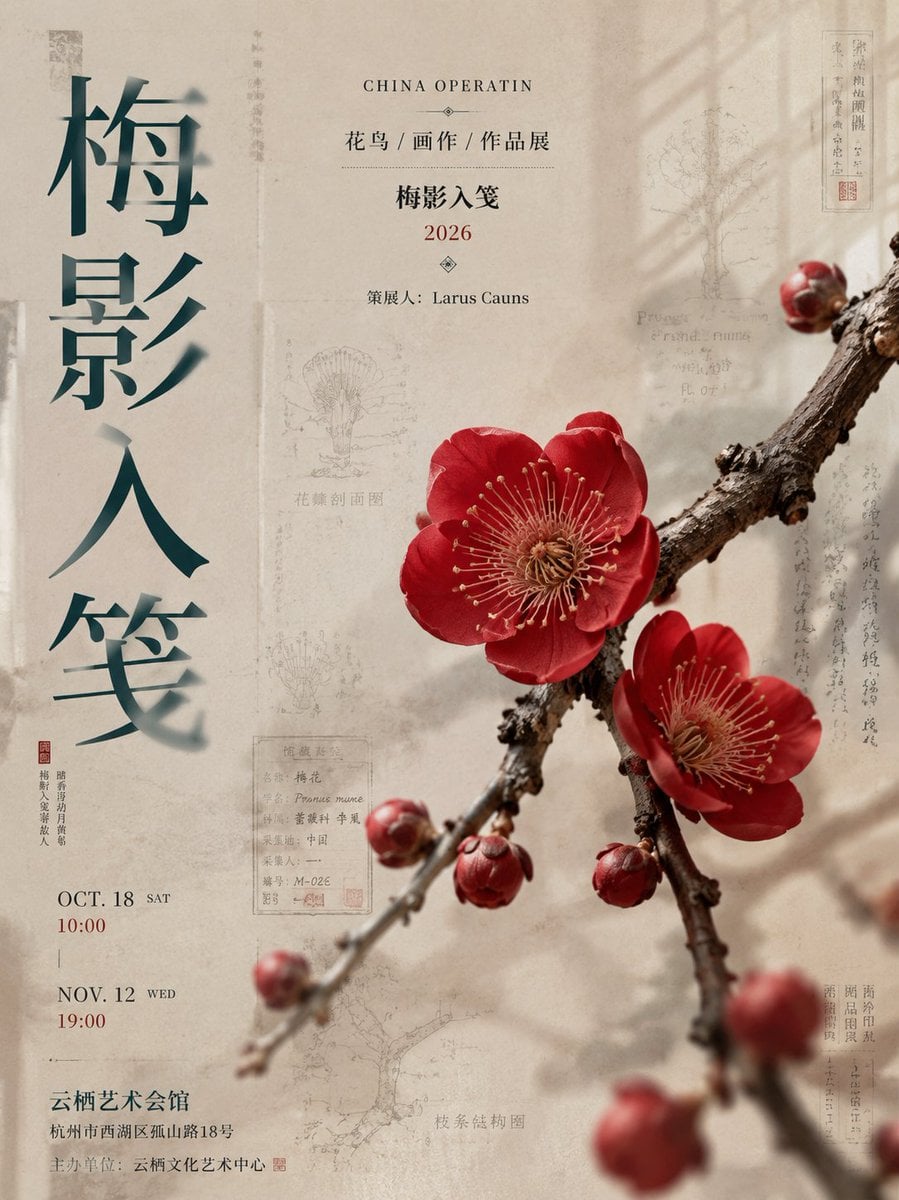 生成一张竖版 3:4 新中式高端展览海报，主题为[主题名称]，像真实美术馆 / 文化馆精品展览海报。 左侧超大竖排中文标题[大标题]，采用…